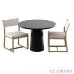 A black table with two chairs placed beside it, creating a simple and elegant seating arrangement.