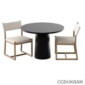 A black table with two chairs placed beside it, creating a simple and elegant seating arrangement.