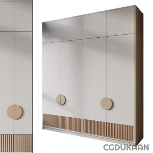 White wardrobe with two doors and wooden panel, perfect for organizing clothes and accessories.