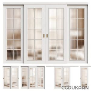 A set of four white doors with glass panels, providing a sleek and modern look to any space.