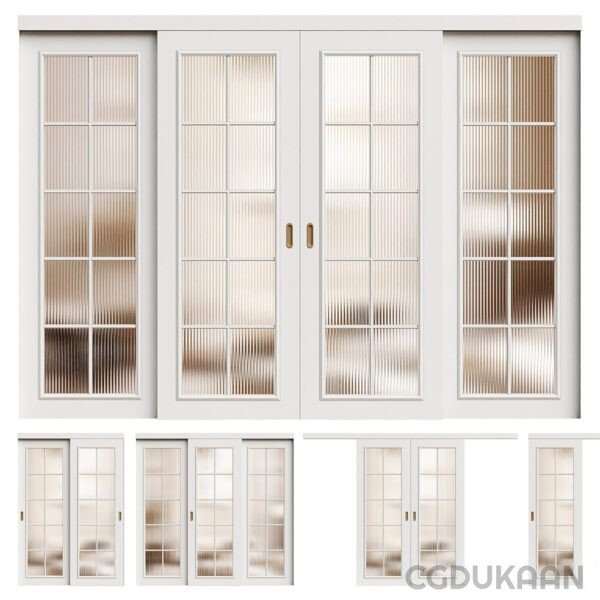 A set of four white doors with glass panels, providing a sleek and modern look to any space.