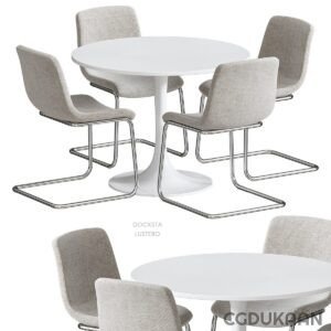 A white table with four chairs arranged around it.