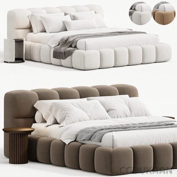 A neatly made bed with multiple pillows arranged on top of it, creating a cozy and inviting atmosphere.