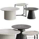 Three tables: round, rectangular, and square. Varying sizes and shapes.