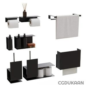 A set of black bathroom accessories: towel rack, toilet paper holder, and soap dispenser.