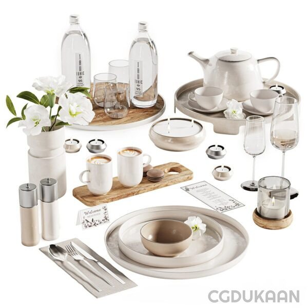 A table set with white dishes, cups, and silverware.