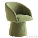 Green chair with round base and curved back, perfect for modern interiors.