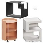 Four side tables in various colors: black, white, brown, and gray.