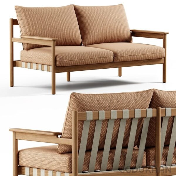 Elegant wooden sofa with tan cushion, ideal for home or office.