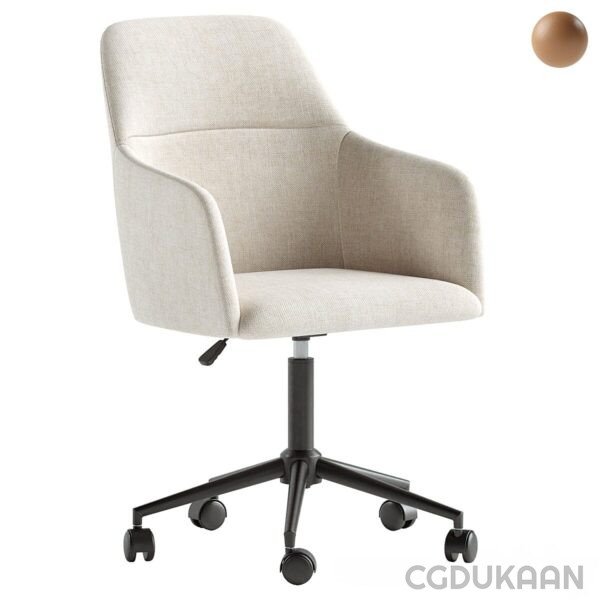 White office chair with casters and brown leather seat.