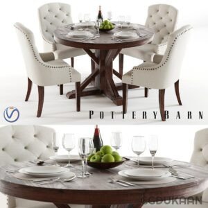 Dining table and chairs set from Pottery Barn, featuring elegant design and sturdy construction.