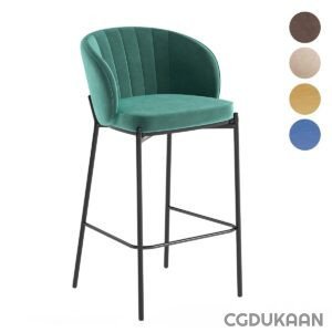 A green bar stool with red, blue, yellow, and black seat cushions.