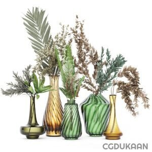 A collection of vases filled with various plants, adding a touch of greenery to the room decor.