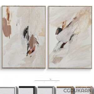 Abstract shapes paintings displayed on white wall.