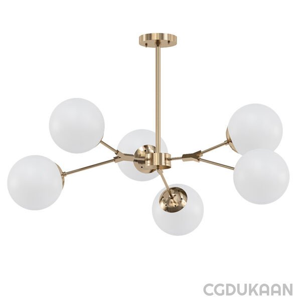 A modern chandelier featuring six elegant white glass balls, illuminating the space with a contemporary design.