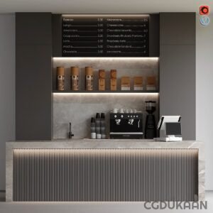 Interior of a coffee bar with a counter and shelves, showcasing various coffee beans and equipment.