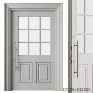 White door with brass handle and glass panel, adding elegance to any room.