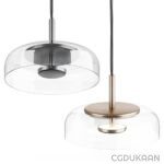 Two modern pendant lights with clear glass shades and black metal bases.