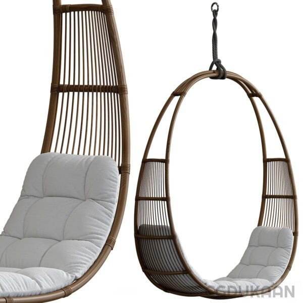 A hanging chair with a white cushion and a brown frame.