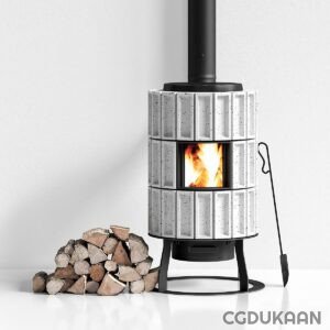 A wood burning stove with logs and a fire crackling inside.