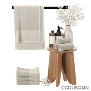 Bathroom with neatly folded towels, a decorative vase, and a wooden stool.