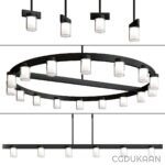 Circular light fixture with four lights and black metal frame.