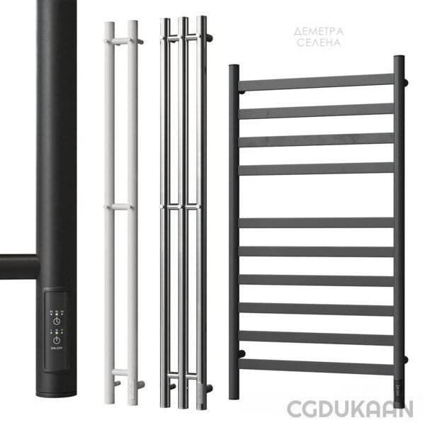 A monochrome towel rack with a white bar for hanging towels.