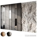 A wooden panel on a stone wall, creating a rustic and textured surface.