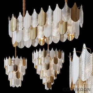 3d model of Three elegant chandeliers with gold leaf details.