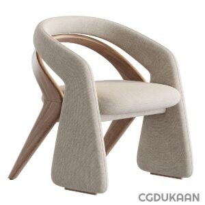 A contemporary chair featuring a wooden frame and a fabric-upholstered seat, showcasing modern design and comfort.