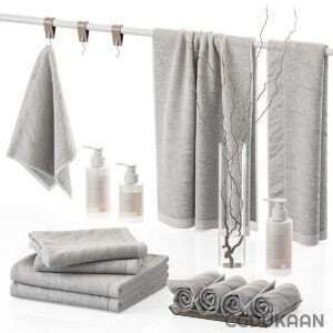 Collection of towels and accessories displayed on a white background.