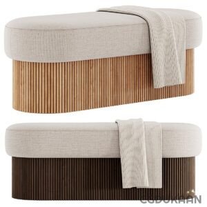 Two ottomans with white and brown striped fabric, perfect for adding a touch of elegance to any room.