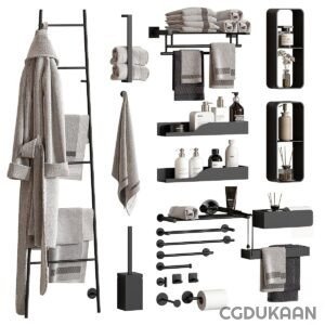 3D model of modern bathroom accessories including soap dispenser, toothbrush holder, and towel rack.