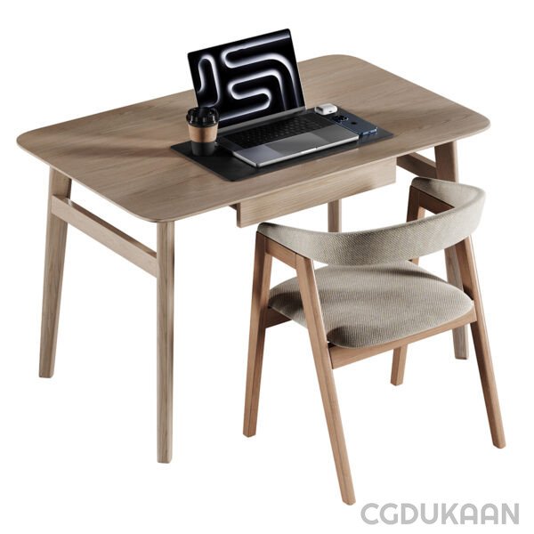 A laptop on a wooden desk with a chair.