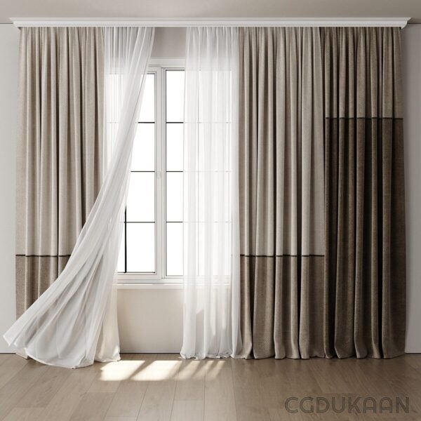 Window with white curtains and silver curtain rod.