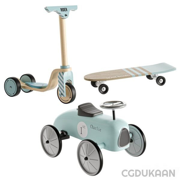 A scooter, skateboard, and toy car displayed together as a set of toys for children to play with.