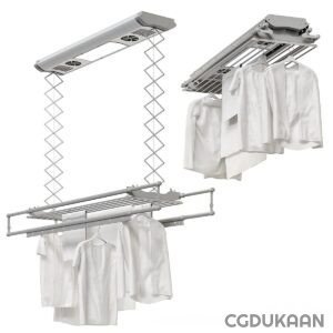 A white and gray clothes rack with various clothes hanging on it.