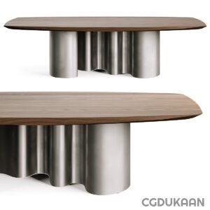 Two modern tables with sleek metal legs and wooden tops.