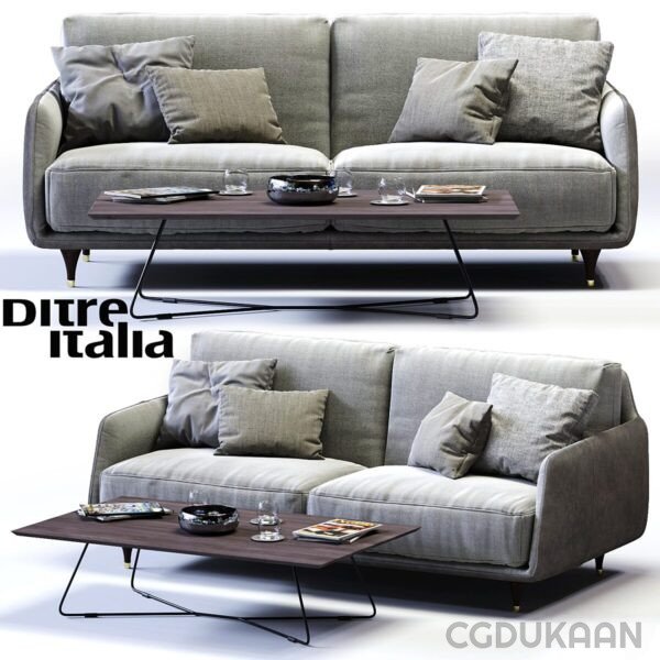 A 3D model showcasing a stylish sofa adorned with pillows, accompanied by a modern coffee table.