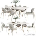 A 3D visualization of a dining table with four matching chairs, emphasizing a sleek and modern aesthetic.