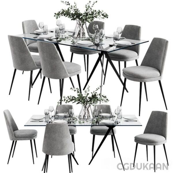 A 3D visualization of a dining table with four matching chairs, emphasizing a sleek and modern aesthetic.