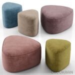 A collection of four uniquely shaped ottomans in various colors, showcasing diverse designs and styles for interior decor.