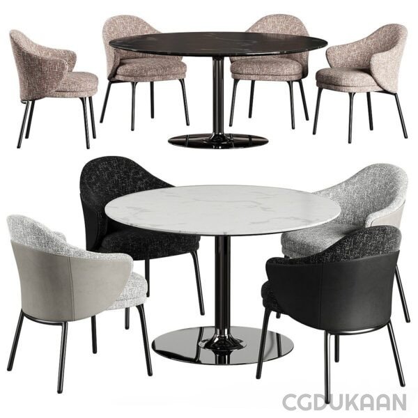 A 3D visualization of a dining table with four matching chairs, emphasizing a sleek and modern aesthetic.