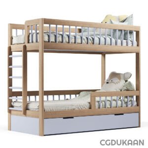 A wooden bunk bed featuring a sturdy ladder and a comfortable mattress on the top and bottom levels.