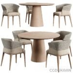 A 3D visualization of a dining table with four matching chairs, emphasizing a sleek and modern aesthetic.