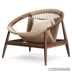 3d model of cozy wicker chair accompanied by an ottoman, both adorned with soft pillows for added comfort and style.