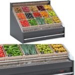 3d model of display case showcasing a variety of fresh vegetables and fruits, highlighting their vibrant colors and textures.