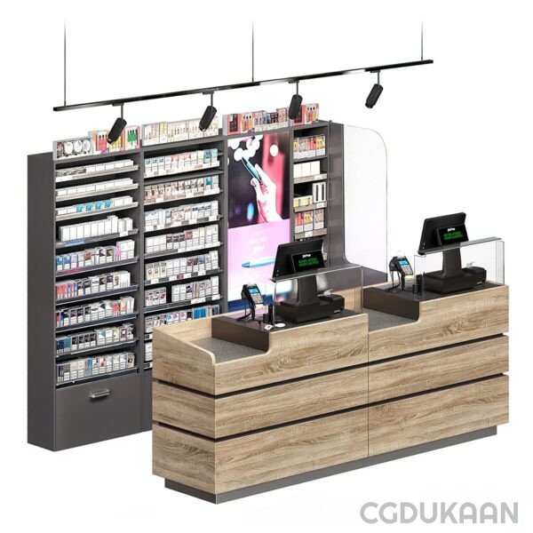 3d model pharmacy counter featuring a cash register and a well-organized display of various medicines for customer access.