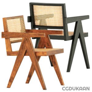 3d model of Two elegant chairs featuring rattan seats and sturdy wooden frames, showcasing a blend of comfort and natural aesthetics.