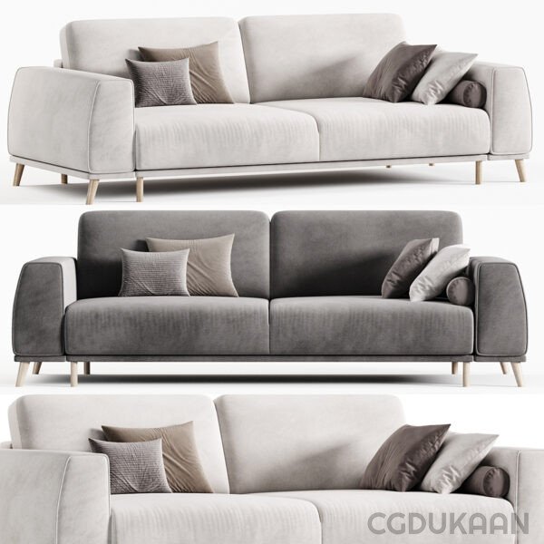 3d model of couches adorned with various pillows, showcasing a blend of styles and colors in a cozy living space.